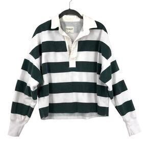 Abercrombie Fitch Crop Polo Shirt Womens Medium Green White Stripe Long Sleeve